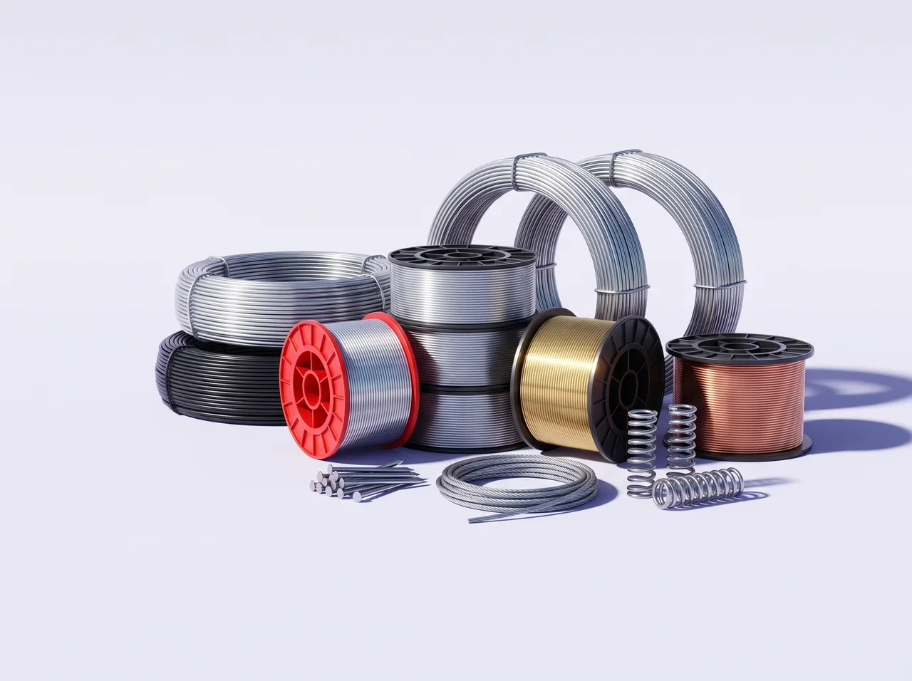Reels of stitching wire in silver, brass and copper, coils of steel wire, wire nails, a wire rope and springs