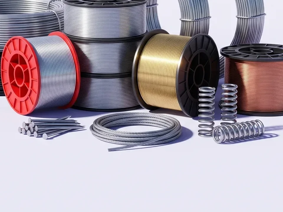Wire nails, a wire rope and springs in front of wire reels