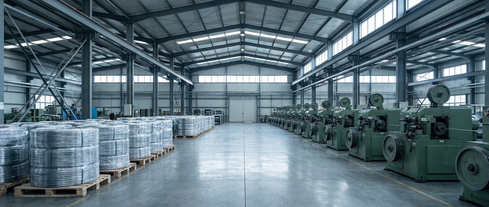 Wire manufacturing floor with drawing machines and wire coils on pallets