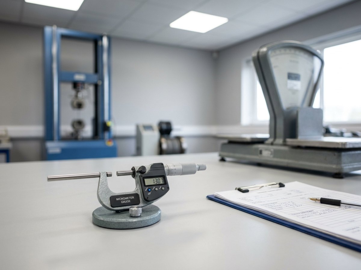 Wire testing bench with micrometer, tensile testing machine and coil scale